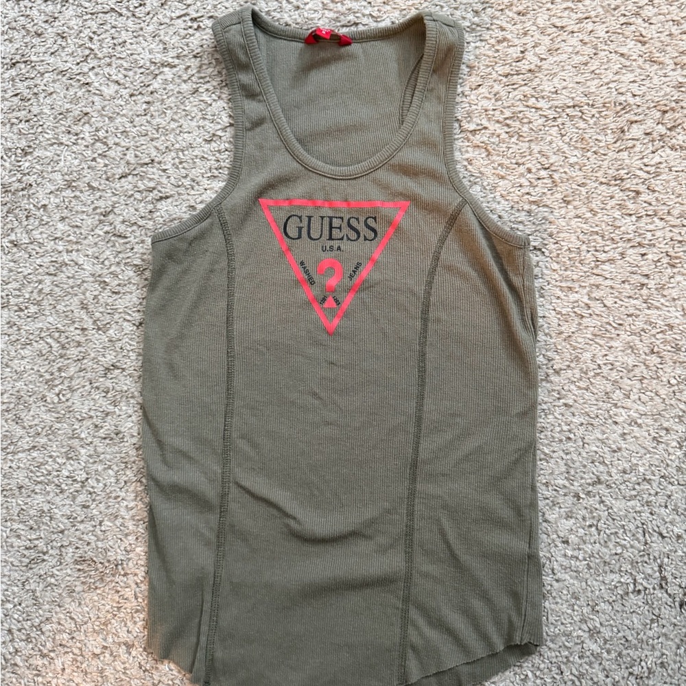 Guess Y2K Vintage Olive Green Ribbed Tank Top Medium